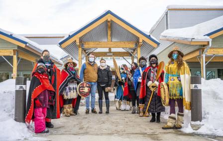 Dakwäkäda Dancers welcome vaccine team to Da Kų Culture Centre in Haines Junction