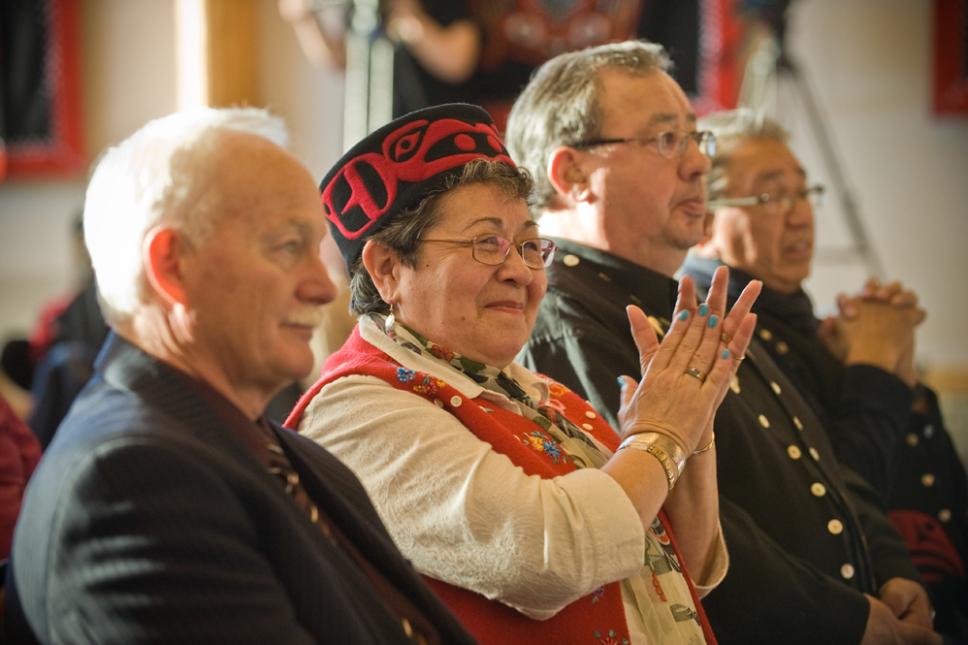 Then Commissioner Doug  Phillips, and Adeline Webber Teslin Tlingit Council citizen, celebrate the signing of the Administration of Justice Agreement in February 2011. 