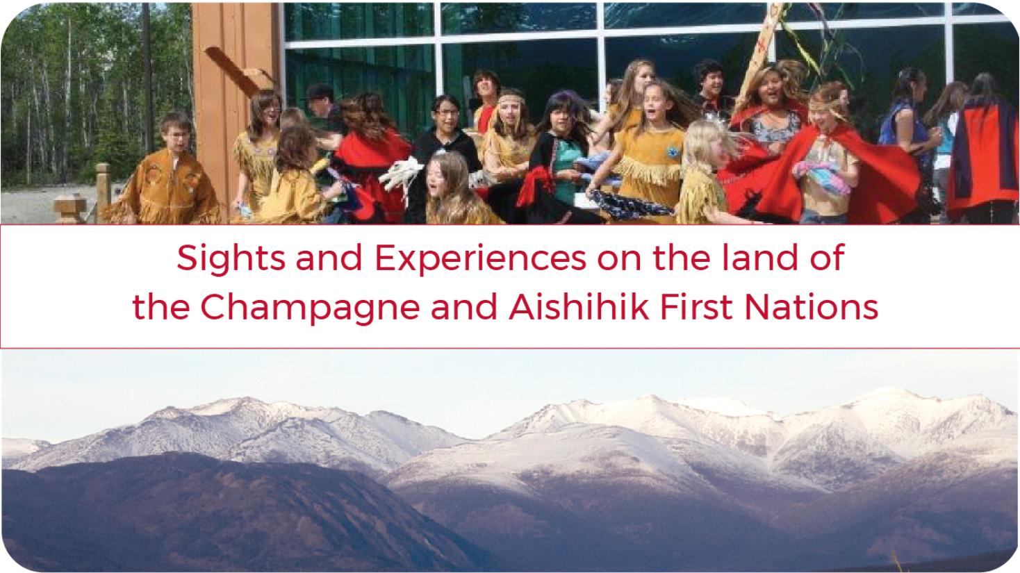 Young kids dancing outside cultural centre over photo of mountains