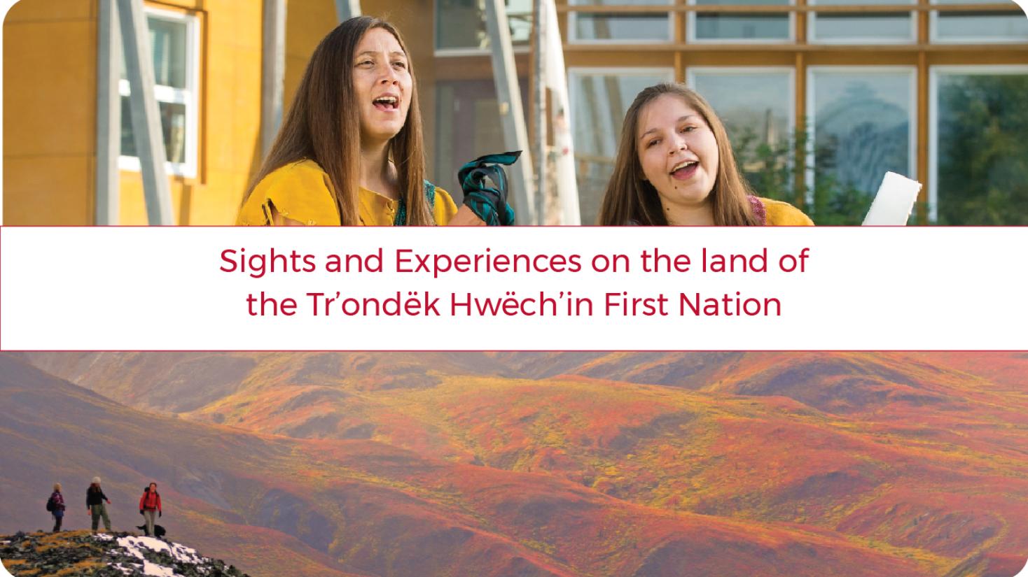 Two young women playing the drums over photo of mountains